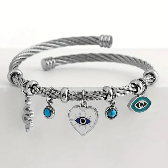 Silver Boho Evil Eye Open Cuff Charm Bracelet - Picture 1 of 3